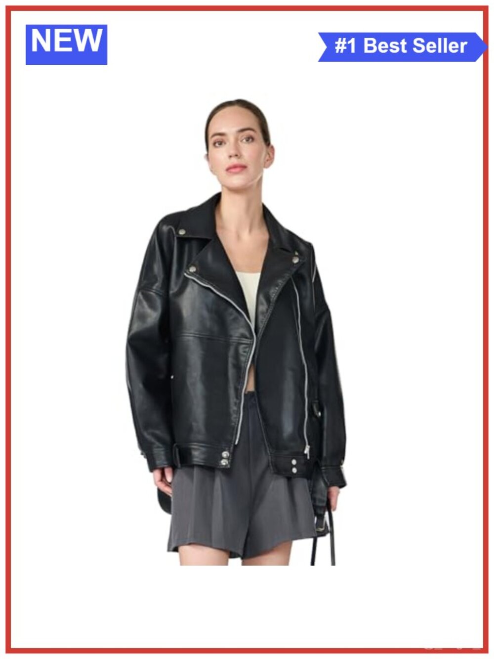 Faux Leather Cropped Motorcycle Jacket Belts Oversized Biker